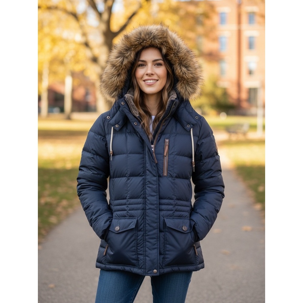 Eddie Bauer Womens XL Navy Blue Down Insulated Parka Faux Fur Hood Winter Jacket